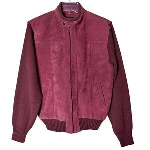 Branded Lion Burgundy Leather Jacket with Standing Collar Knit Details Size L
